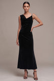 Black Mermaid Asymmetrical Cowl Neck Ruched Long Velvet Dress with Rhinestones