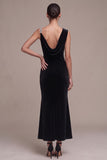 Black Mermaid Asymmetrical Cowl Neck Ruched Long Velvet Dress with Rhinestones