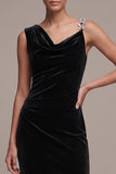 Black Mermaid Asymmetrical Cowl Neck Ruched Long Velvet Dress with Rhinestones