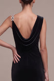 Black Mermaid Asymmetrical Cowl Neck Ruched Long Velvet Dress with Rhinestones
