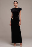 Black Sheath Bateau Neck Ruched Long Velvet Dress with Rhinestones