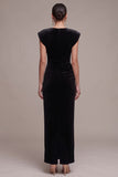 Black Sheath Bateau Neck Ruched Long Velvet Dress with Rhinestones