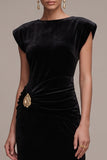 Black Sheath Bateau Neck Ruched Long Velvet Dress with Rhinestones