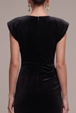 Black Sheath Bateau Neck Ruched Long Velvet Dress with Rhinestones