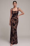 Coffee Mermaid Floral Square Neck Maxi Velvet Dress