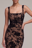 Coffee Mermaid Floral Square Neck Maxi Velvet Dress