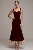 Burgundy Mermaid Sweetheart Ruffled Midi Velvet Dress with Bow