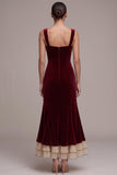 Burgundy Mermaid Sweetheart Ruffled Midi Velvet Dress with Bow
