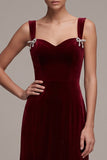 Burgundy Mermaid Sweetheart Ruffled Midi Velvet Dress with Bow