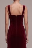 Burgundy Mermaid Sweetheart Ruffled Midi Velvet Dress with Bow
