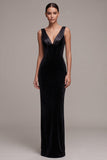 Black Corset Velvet Sheath V-Neck Maxi Dress