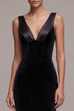 Black Corset Velvet Sheath V-Neck Maxi Dress