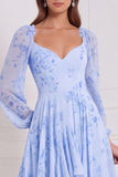 A-Line Tiered V-Neck Long Sleeves Sage Chiffon Dress with Ruffles