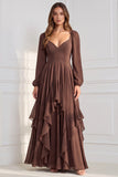A-Line Tiered V-Neck Long Sleeves Sage Chiffon Dress with Ruffles