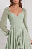 A-Line Tiered V-Neck Long Sleeves Sage Chiffon Dress with Ruffles