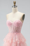 Sparkly Pink Sequins Tiered Ruffled Tulle Sheer Corset A-Line Strapless Long Prom Dress with Beading