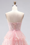 Sparkly Pink Sequins Tiered Ruffled Tulle Sheer Corset A-Line Strapless Long Prom Dress with Beading