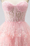 Sparkly Pink Sequins Tiered Ruffled Tulle Sheer Corset A-Line Strapless Long Prom Dress with Beading