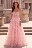 Sparkly Pink Sequins Tiered Ruffled Tulle Sheer Corset A-Line Strapless Long Prom Dress with Beading