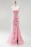 Pink Strapless Corset Mermaid Sequins Beaded Long Prom Dress with Slit