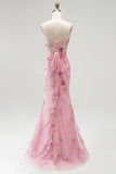Pink Strapless Corset Mermaid Sequins Beaded Long Prom Dress with Slit