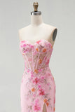 Pink Strapless Corset Mermaid Sequins Beaded Long Prom Dress with Slit