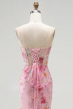 Pink Strapless Corset Mermaid Sequins Beaded Long Prom Dress with Slit