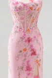 Pink Strapless Corset Mermaid Sequins Beaded Long Prom Dress with Slit