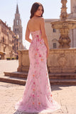 Pink Strapless Corset Mermaid Sequins Beaded Long Prom Dress with Slit