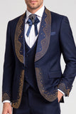 Navy 3 Piece Shawl Lapel Beaded One Button Men's Prom Suits