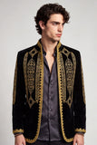 Stand Collar Black Golden Embroideried Men's Prom Blazer