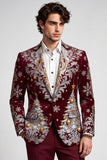 Christmas Printed Burgundy Notched Lapel One Button Men's Prom Blazer