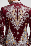 Christmas Printed Burgundy Notched Lapel One Button Men's Prom Blazer