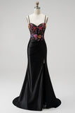 Black Mermaid Sequins Embroidery Corset Satin Spaghetti Straps Long Prom Dress with Slit
