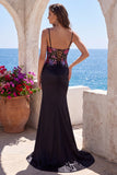 Black Mermaid Sequins Embroidery Corset Satin Spaghetti Straps Long Prom Dress with Slit