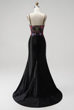 Black Mermaid Sequins Embroidery Corset Satin Spaghetti Straps Long Prom Dress with Slit