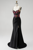 Black Mermaid Sequins Embroidery Corset Satin Spaghetti Straps Long Prom Dress with Slit