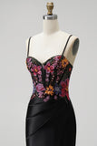 Black Mermaid Sequins Embroidery Corset Satin Spaghetti Straps Long Prom Dress with Slit