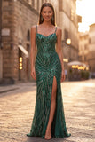 Sparkly Dark Green Sequins Mermaid Spaghetti Straps Long Prom Dress with Slit