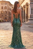 Sparkly Dark Green Sequins Mermaid Spaghetti Straps Long Prom Dress with Slit