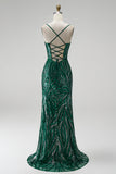 Sparkly Dark Green Sequins Mermaid Spaghetti Straps Long Prom Dress with Slit