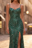 Sparkly Dark Green Sequins Mermaid Spaghetti Straps Long Prom Dress with Slit