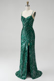 Sparkly Dark Green Sequins Mermaid Spaghetti Straps Long Prom Dress with Slit