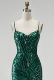 Sparkly Dark Green Sequins Mermaid Spaghetti Straps Long Prom Dress with Slit