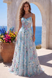 Blue A-Line Corset Sheer Floral Embroidery Spaghetti Straps Long Prom Dress