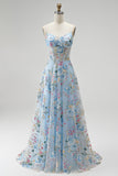 Blue A-Line Corset Sheer Floral Embroidery Spaghetti Straps Long Prom Dress