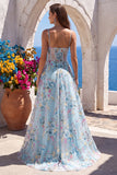 Blue A-Line Corset Sheer Floral Embroidery Spaghetti Straps Long Prom Dress