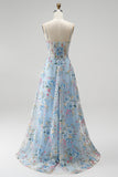 Blue A-Line Corset Sheer Floral Embroidery Spaghetti Straps Long Prom Dress
