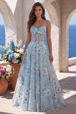 Blue A-Line Corset Sheer Floral Embroidery Spaghetti Straps Long Prom Dress