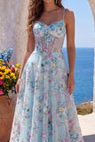Blue A-Line Corset Sheer Floral Embroidery Spaghetti Straps Long Prom Dress